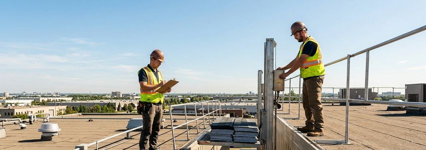 Roofing contractors operating a material lift and reviewing equipment financing paperwork on a commercial job site
