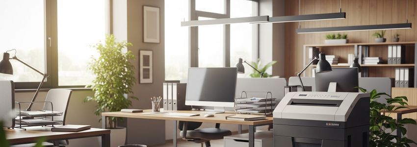Modern office environment with commercial shredder and organized filing system for a business financing guide