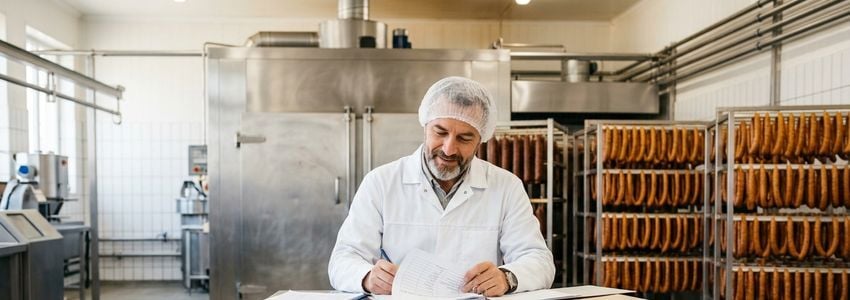 Meat processing business owner reviewing smokehouse equipment financing paperwork inside an industrial smoking facility