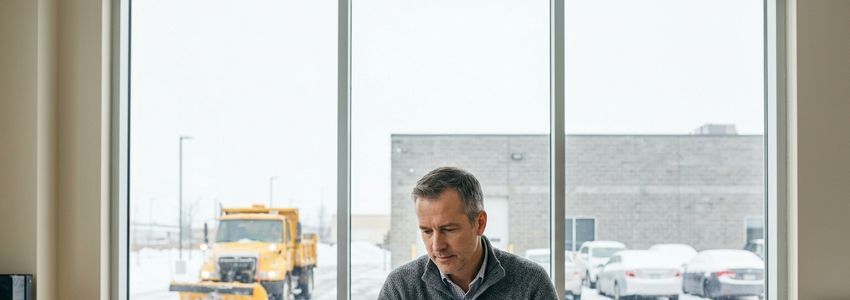 Facility manager reviewing a snow removal contract invoice at a desk with a plowed commercial parking lot visible through the window