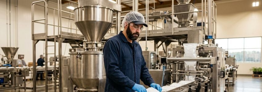 Factory worker operating industrial spice packaging and mixing equipment in a commercial food production facility
