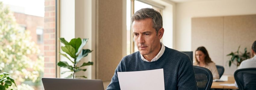 Business owner reviewing a waste disposal invoice and financing options at a desk with a laptop