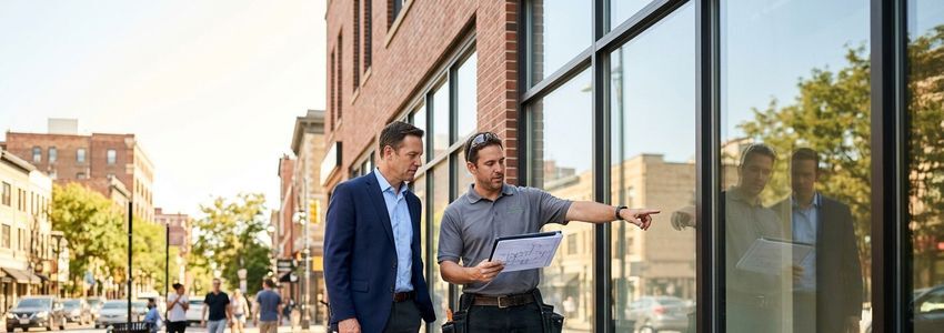 Business owner and glazing contractor reviewing a storefront window replacement plan in a retail storefront