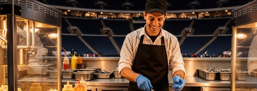 Concession stand owner working behind the counter at a busy stadium food booth