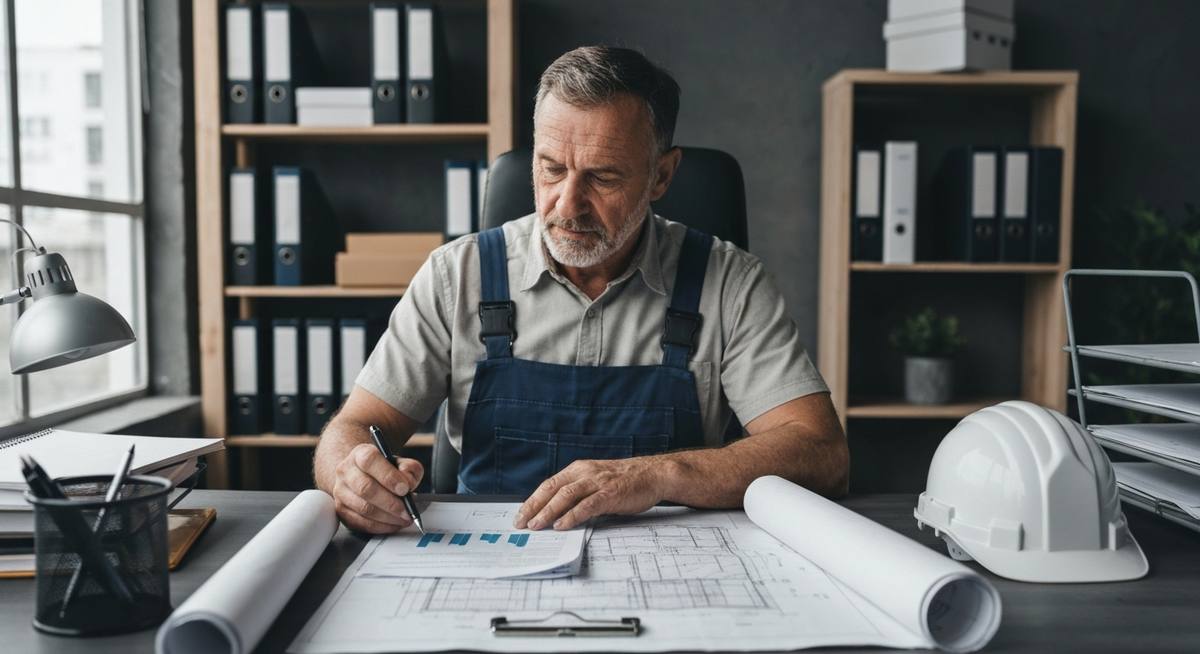 Concrete business owner reviewing loan documents and financial paperwork at desk with construction blueprints and hard hat in background