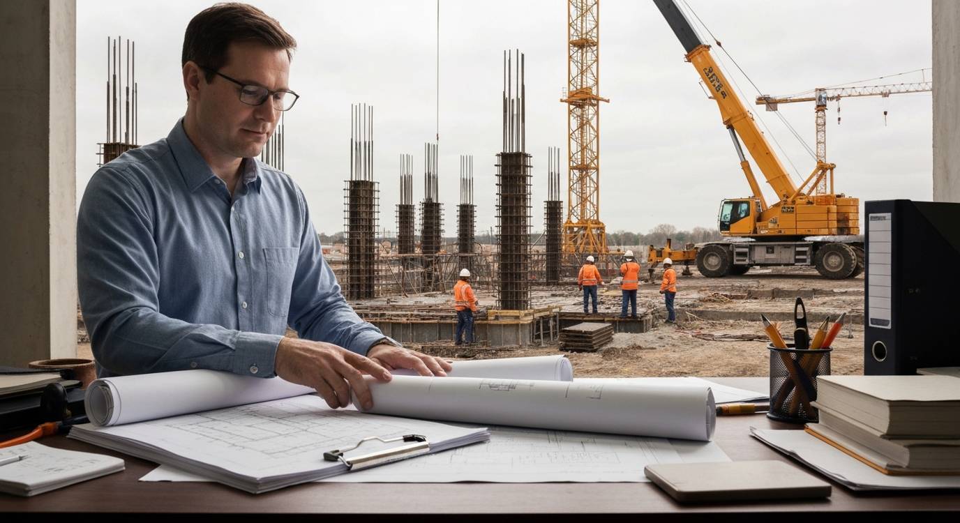 Dentist reviewing business loan documents at an office desk with dental clinic equipment visible in background