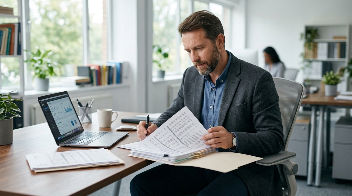 Contractor reviewing loan documents and financial statements at a business office desk