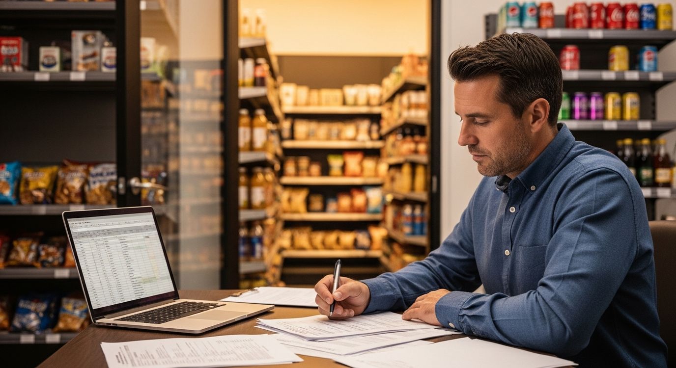 Convenience store owner reviewing financing documents at a counter with shelves of products in the background