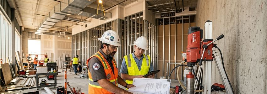 Concrete contractor and plumbing contractor reviewing plans next to a core drilling rig on a job site