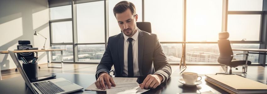 Business owner reviewing corporation and LLC loan documents at an office desk