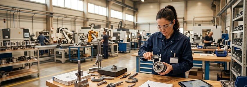 Quality assurance inspector using precision calipers to inspect a manufactured part during a corrective action review