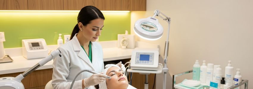 Cosmetic clinic treatment room with modern aesthetic equipment and professional setting