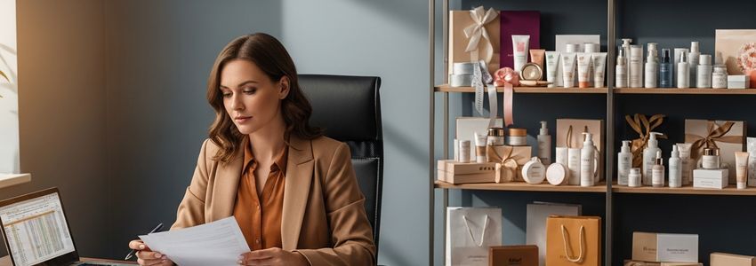 Cosmetics business owner reviewing financing documents with product inventory in the background