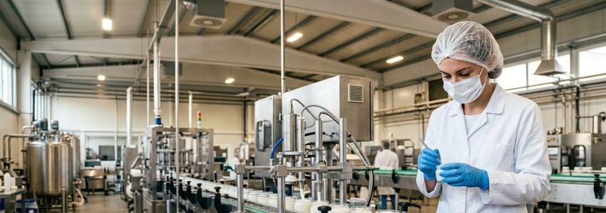 Cosmetics manufacturing technician operating a cream filling and packaging line in a production facility