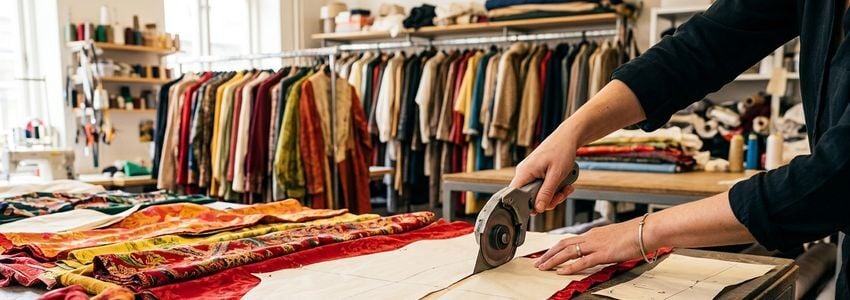 Costume shop production floor with industrial sewing machines and fabric cutting tables in use