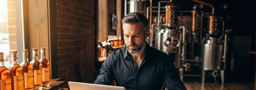 Craft distillery owner reviewing financing documents in a professional distillery setting