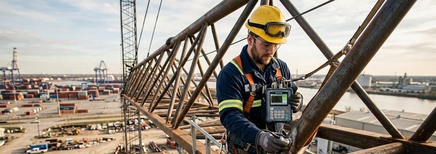 Crane inspection technician using load testing equipment to inspect an industrial overhead crane