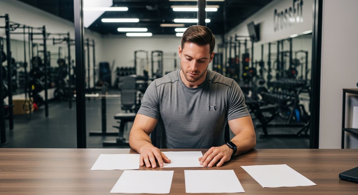 CrossFit gym owner reviewing business loan options at a modern office desk
