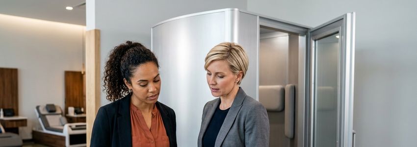 Wellness business owner and consultant reviewing cryotherapy chamber financing options in a recovery studio