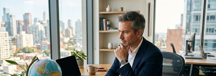 Business owner reviewing international financial documents and currency exchange rate charts at an office desk