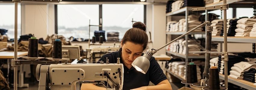 A garment worker stitching custom clothing in a professional apparel manufacturing facility, representing custom clothing business loan opportunities