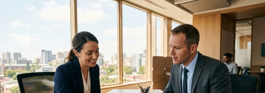 Small business owners reviewing sales and revenue diversification plans in a modern office