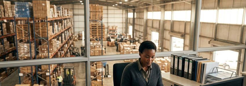 Import and logistics manager reviewing customs paperwork and shipping documents in a warehouse office