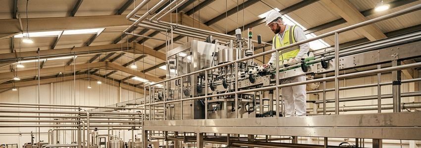 Dairy plant technician inspecting stainless steel pasteurization equipment on a commercial production floor