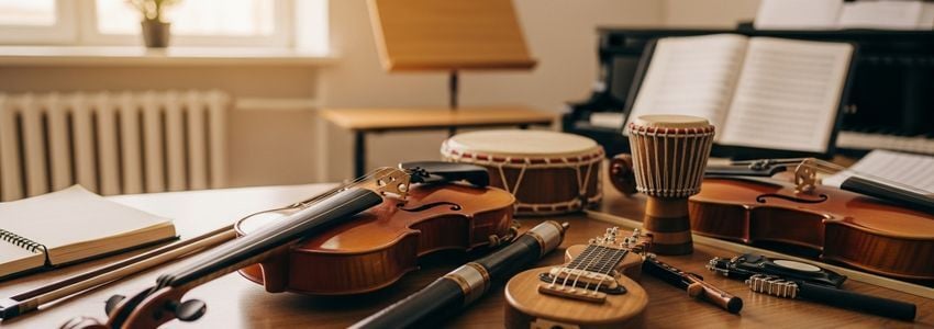 Musical instruments including violin, ukulele, and sheet music in a bright music school studio