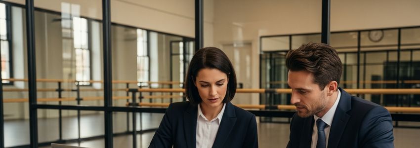 Dance school owner reviewing business loan documents at a studio desk