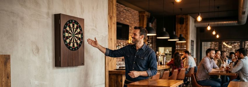 Dart bar interior with electronic dartboard cabinets and seating area