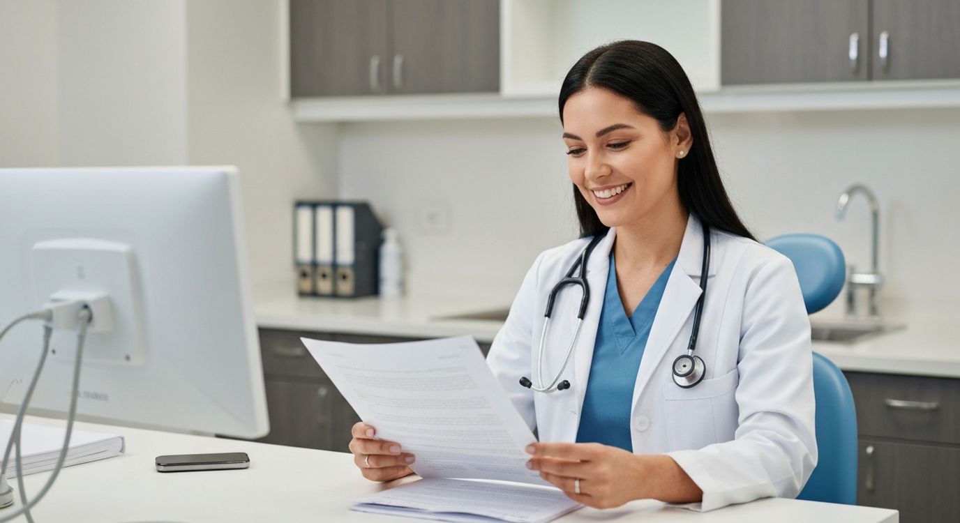 Dentist reviewing business loan documents at an office desk with dental clinic equipment visible in background