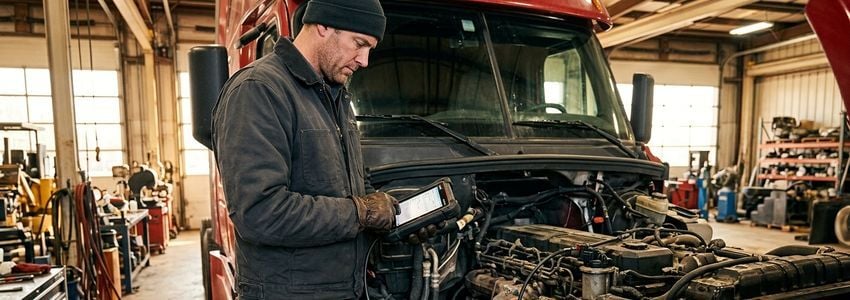 Diesel technician using a diagnostic scanner on a heavy-duty truck engine in a repair shop bay