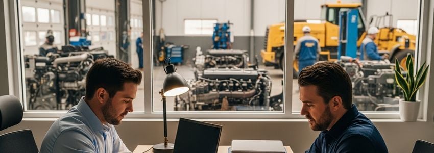 Diesel shop owner and business advisor reviewing financing options in a professional office overlooking the repair bay