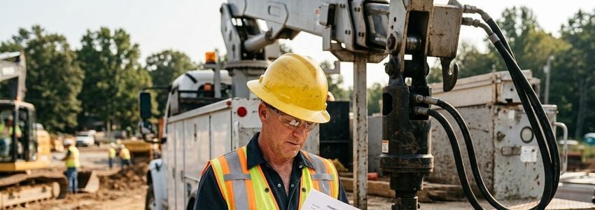 Utility contractor reviewing digger derrick truck financing paperwork next to a utility truck at a job site