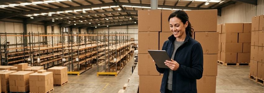 Warehouse operations manager reviewing supplier order quantities on a tablet near stacked inventory pallets