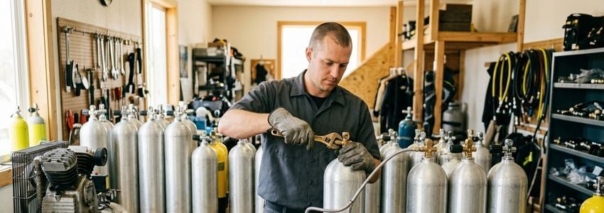 Dive shop technician servicing scuba tanks and a compressor fill station in a commercial dive shop