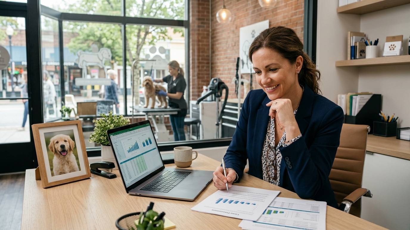 Dog grooming business owner reviewing financing options at office desk with grooming salon visible in background