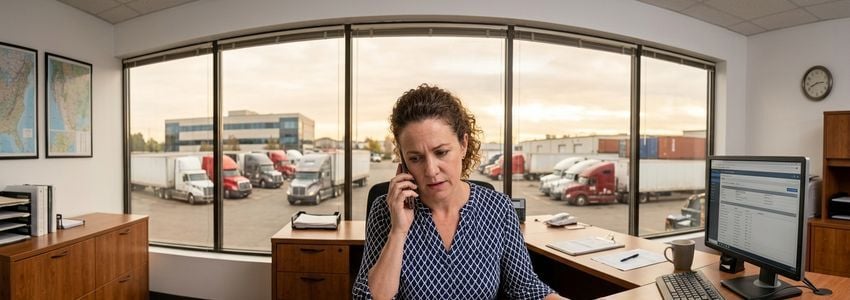 Trucking company owner reviewing freight paperwork and invoices at a dispatch office desk