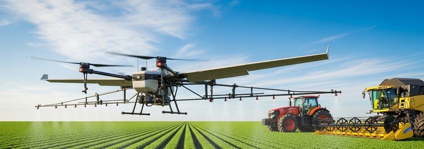 Commercial drone flying over agricultural field demonstrating business use cases for commercial drone financing