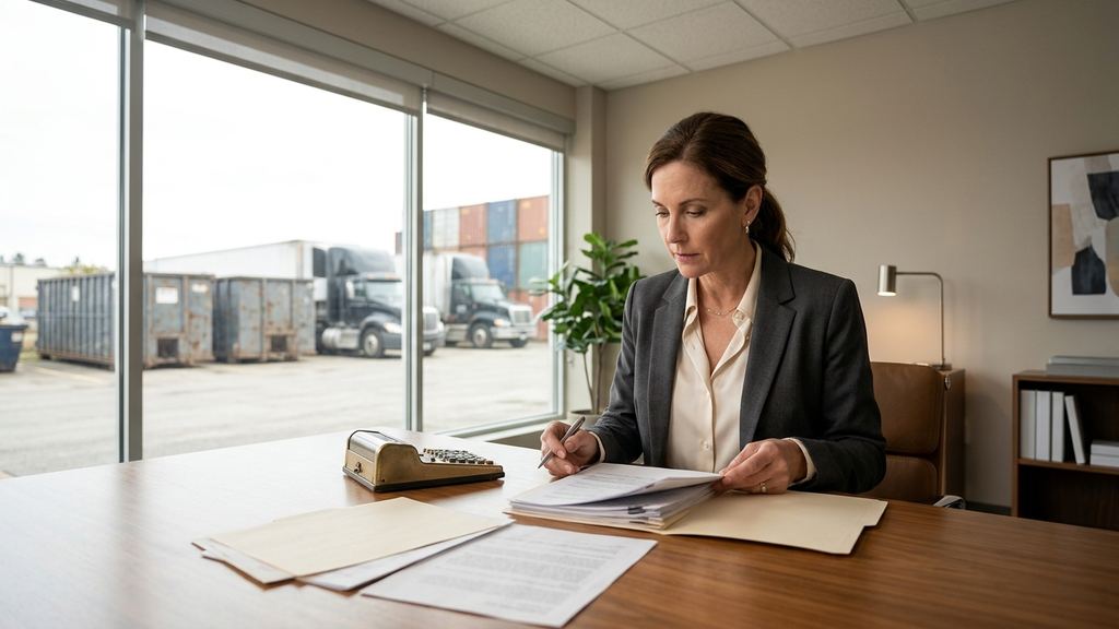 Business owner reviewing dumpster rental business loan documents at an office desk