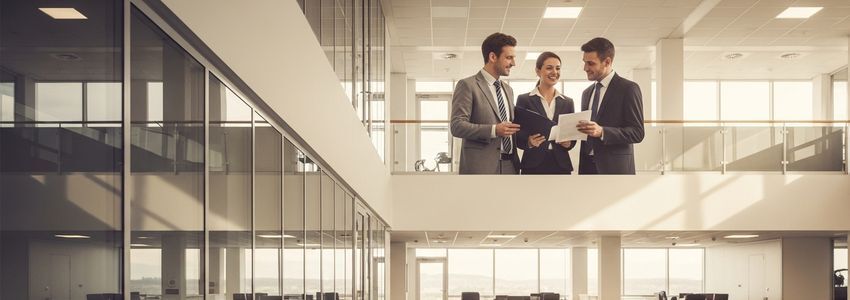 Business professionals reviewing financial documents and credit reports in a modern office setting