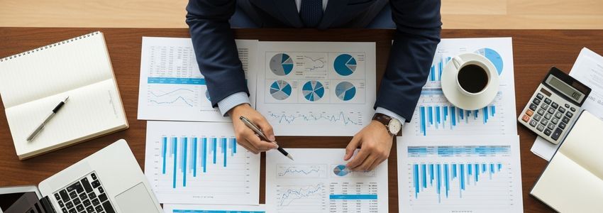 Business owner and financial advisor reviewing EBITDA calculations and loan documents in a professional office setting