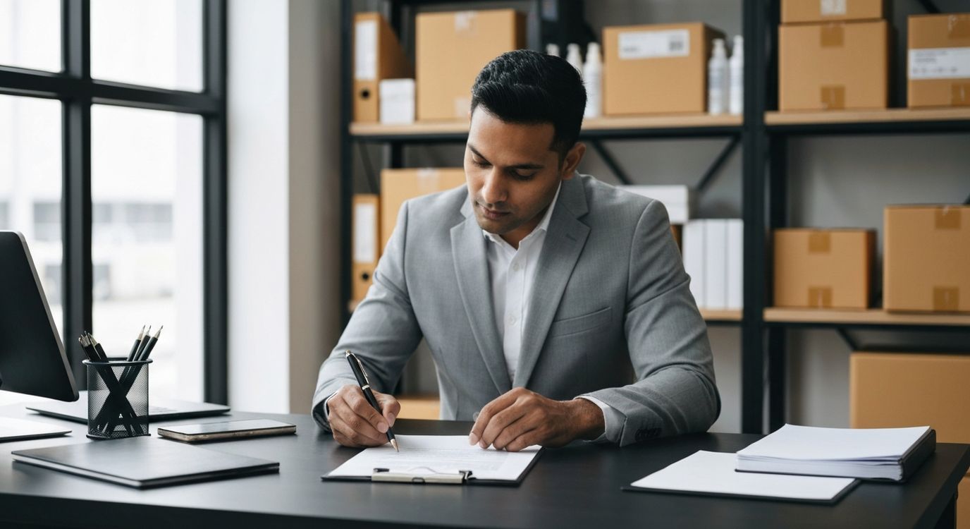Dentist reviewing business loan documents at an office desk with dental clinic equipment visible in background