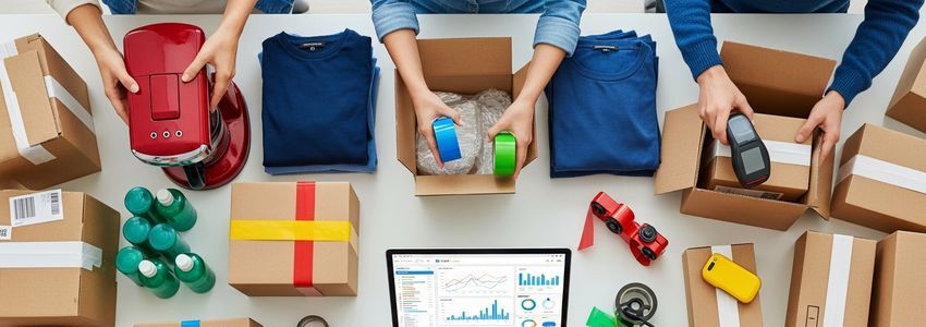 E-commerce store owner reviewing business loan financing options on laptop in modern warehouse office