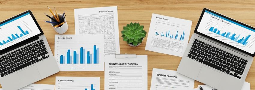 Business owner reviewing economic development loan documents at an office desk