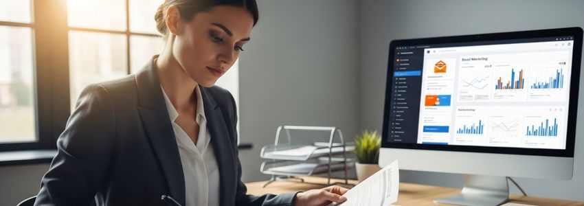 Business professional reviewing email marketing agency loan documents in a modern office