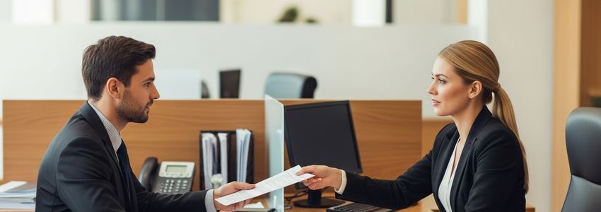 Business professionals discussing emergency business loan options at a modern lending office