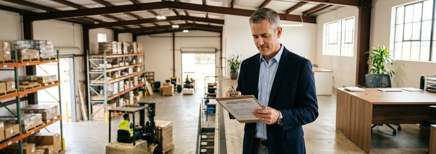 Business owner reviewing a rental agreement for replacement equipment at a warehouse