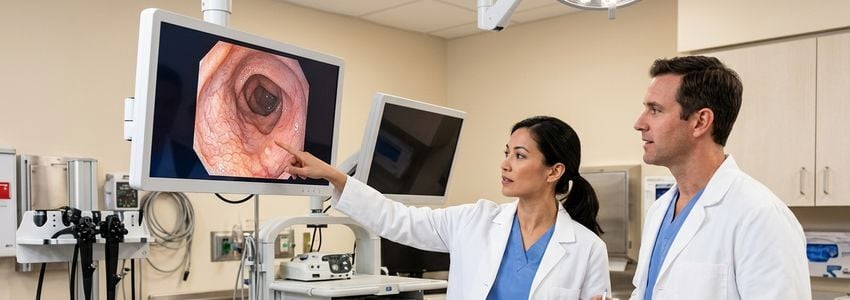 Gastroenterologist reviewing endoscopy tower monitor readouts in a modern procedure room
